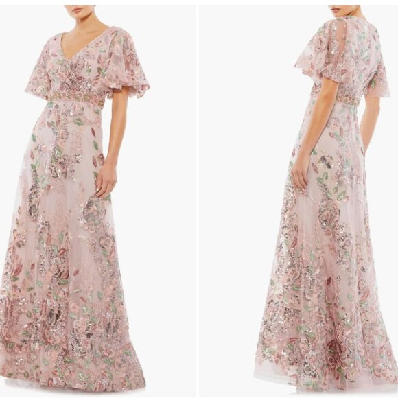 MAC DUGGAL 67880 FLORAL EMBELLISHED SHORT FLUTTER SLEEVE ROSE PINK GOWN sz 6 - Picture 3 of 3